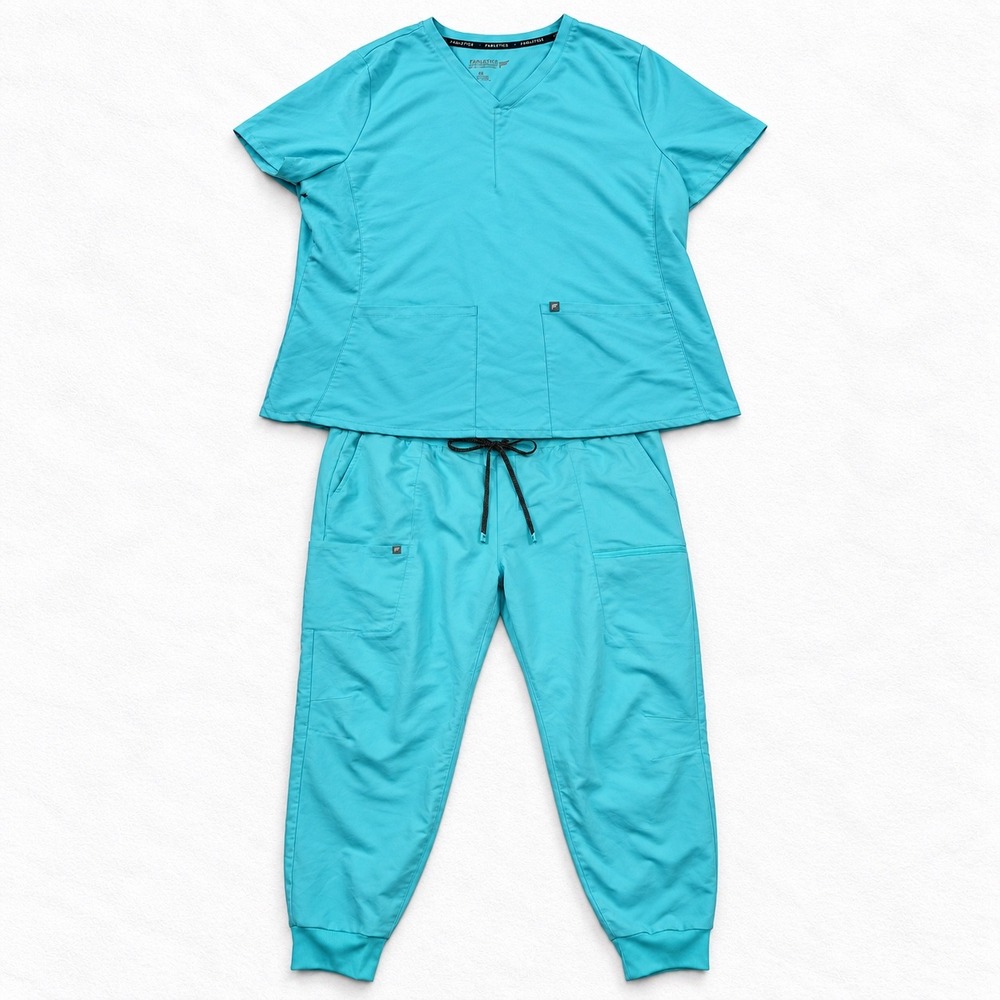 Fabletics Turquoise Blue Scrub Set V-Neck Top & Jogger Pants 2XL Womens